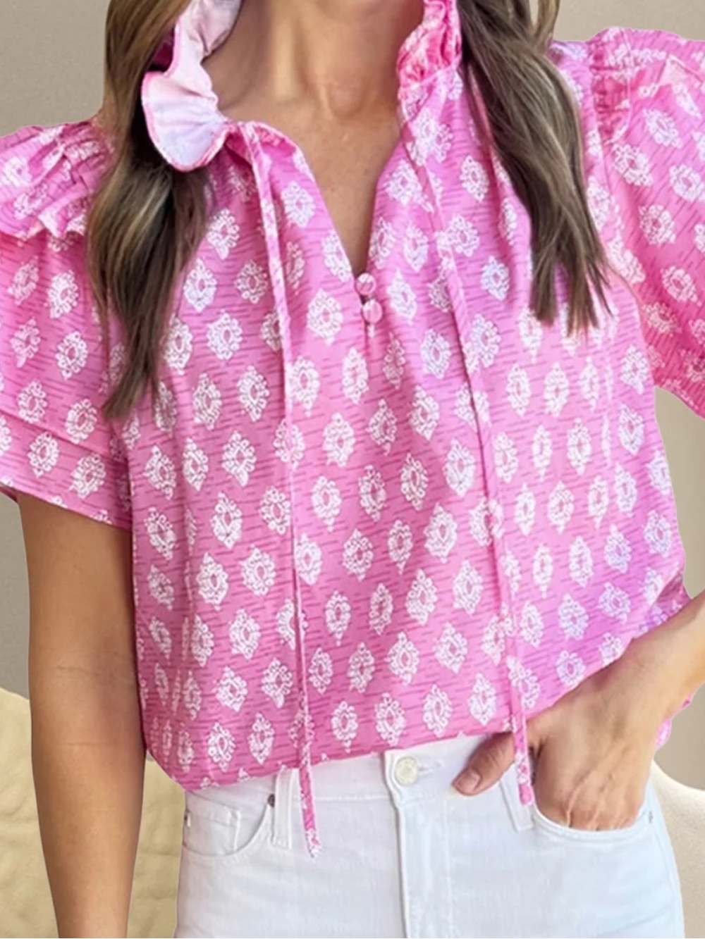 Women’s Pink Patterned Ruffled Short Blouse Sleeve Top | M
